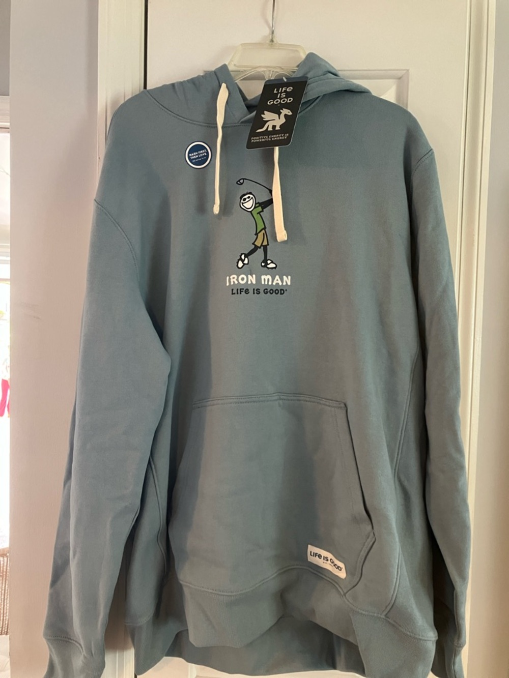 Life Is Good Men's Iron Man Pullover Hoodie - Dusty Blue with Cream Drawstrings